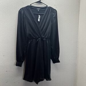 NWT Express Mini Dress Long Sleeve Faux Wrap Black Satin LBD‎ Fit & Flare SZ XXS